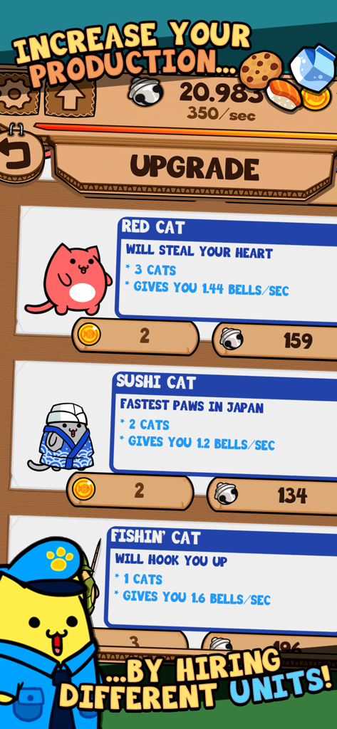 Kitty Cat Clicker - Screenshot del menu di potenziamento in Kitty Cat Clicker che mostra varie unità feline come Red Cat e Sushi Cat da assumere.