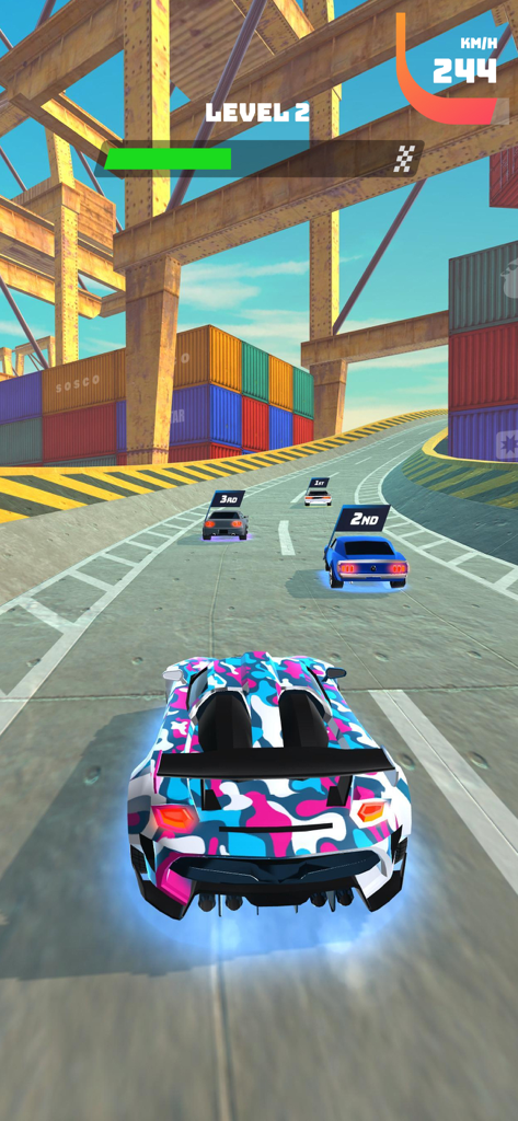 A colorful sports car with camouflage paint racing on an industrial track in Race Master 3D