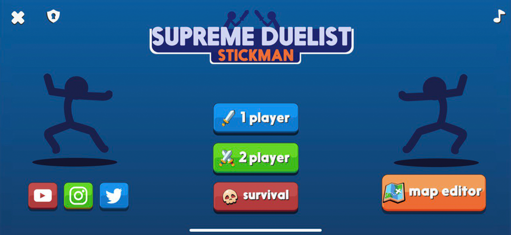 Main menu of Supreme Duelist Stickman game with 1 player, 2 player, and survival mode options