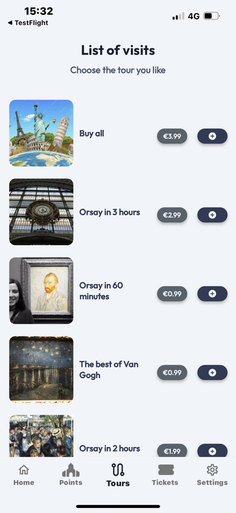 Une liste de visites guidées dans l'application Visite et Guide d'Orsay comprenant des options pour différentes durées et thèmes artistiques