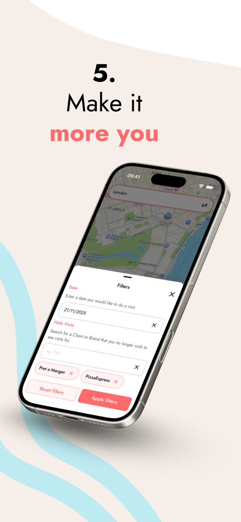Pantalla de smartphone que muestra filtros de búsqueda para restaurantes y fechas de visita en el mapa de la aplicación Mystery Dining