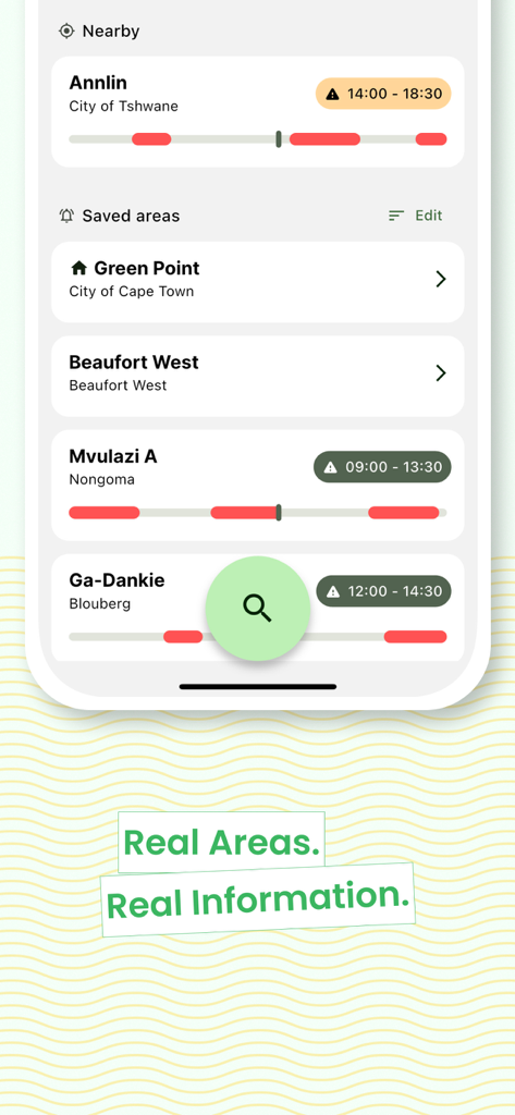ESP app dashboard displaying power outage schedules for several South African suburbs