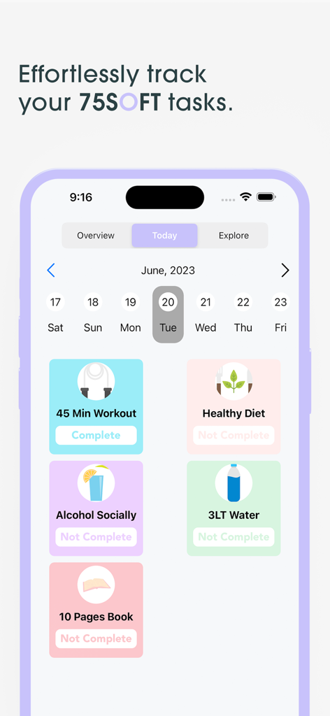 75 Soft Challenge: 75 Days - Daily task tracker for the 75 Soft Challenge app showing workout and habit goals