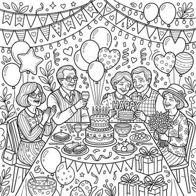 Gather your brightest colors for this heartwarming scene of seniors enjoying a lively celebration. This detailed coloring page, perfect for teens, captures the spirit of family and friendship.