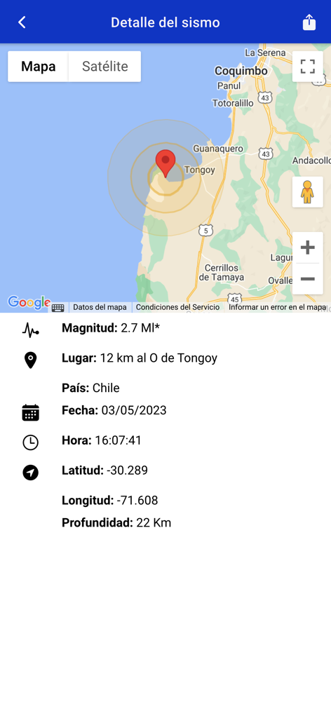 Sismología Chile - Mobile app screen showing real-time earthquake location on a map with magnitude and depth details.