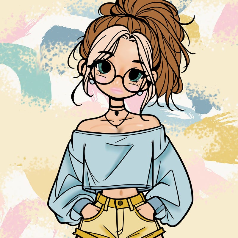 girl with a messy ponytail glasses a baggy crop top and jean shorts
