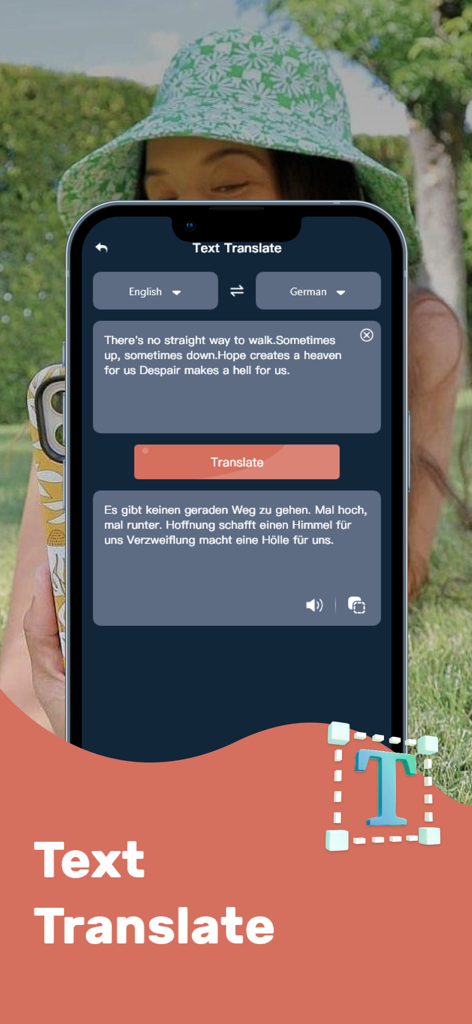 Captura de tela do aplicativo móvel Co Translation mostrando o recurso de tradução de texto de inglês para alemão