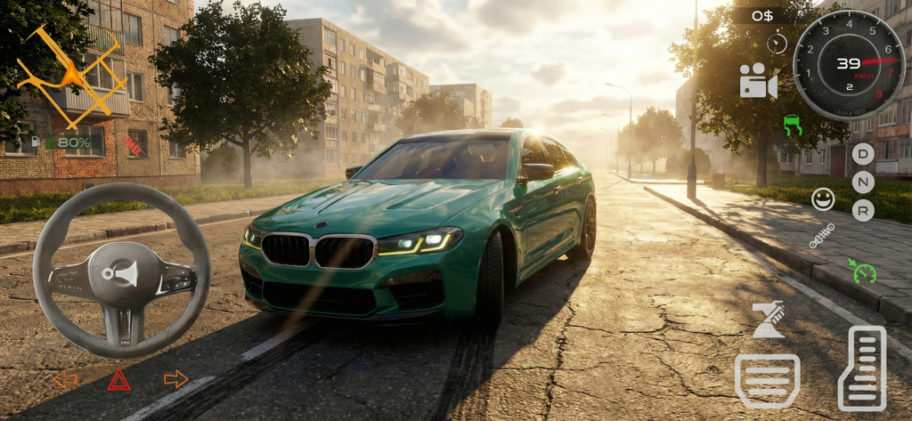 A green sportscar parked on a sunny city street in a realistic driving simulator game with on-screen controls.
