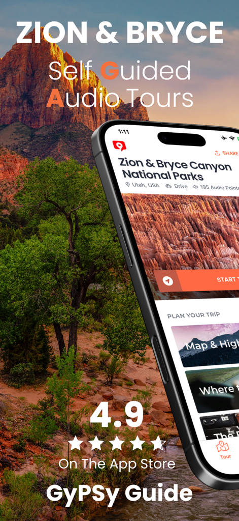 Zion and Bryce Canyon self guided audio tours app with a 4.9 rating