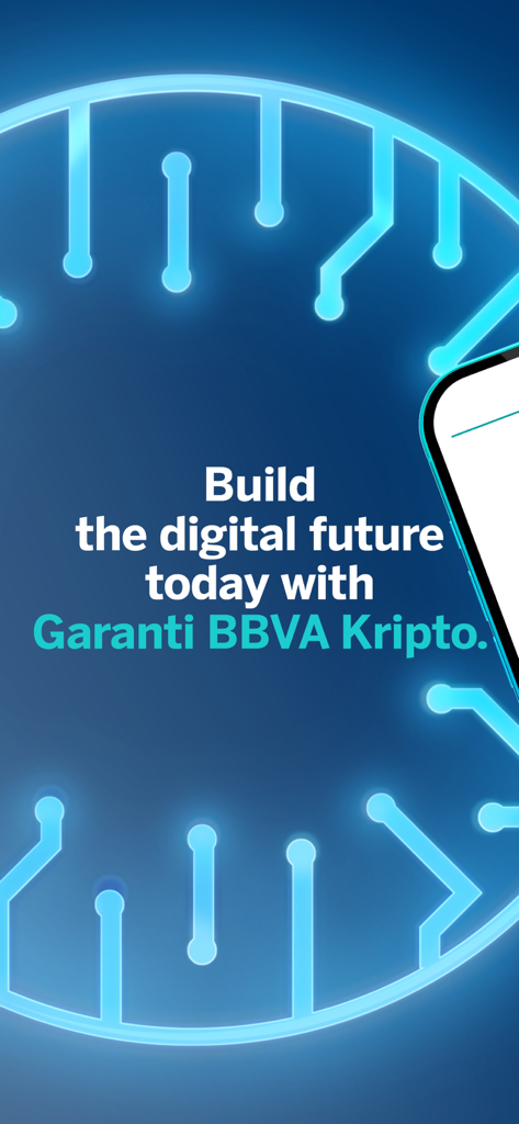Pantalla de introducción de la aplicación Garanti BBVA Kripto con el texto Construye el futuro digital hoy