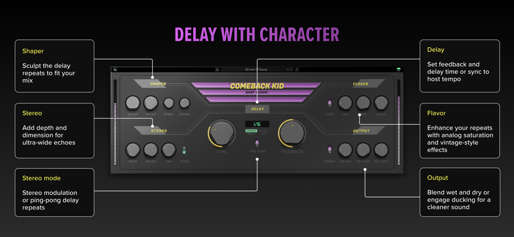 Comeback Kid - Baby Audio - Interface do usuário do plugin de delay Comeback Kid mostrando controles para sabor de delay estéreo shaper e saída