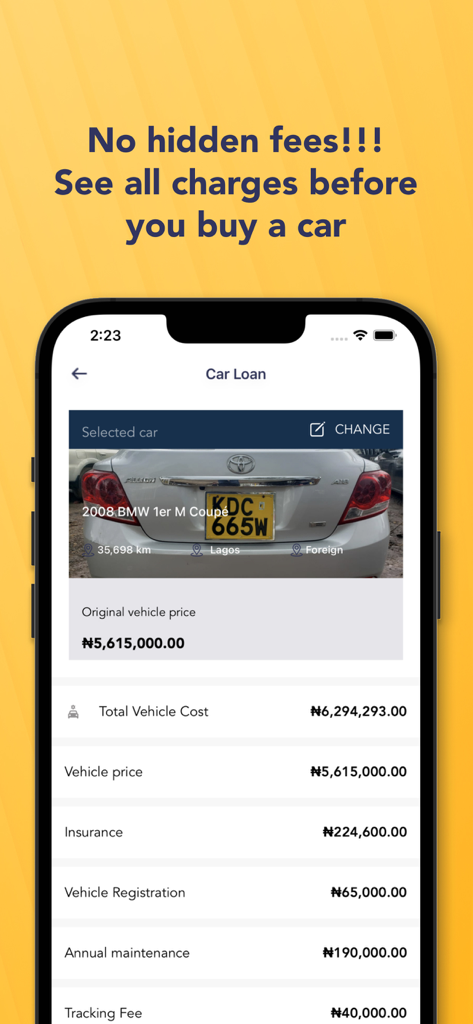 Autochek - Schermata dell'app Autochek che mostra una ripartizione trasparente dei costi del prestito auto, comprese le spese di assicurazione e registrazione