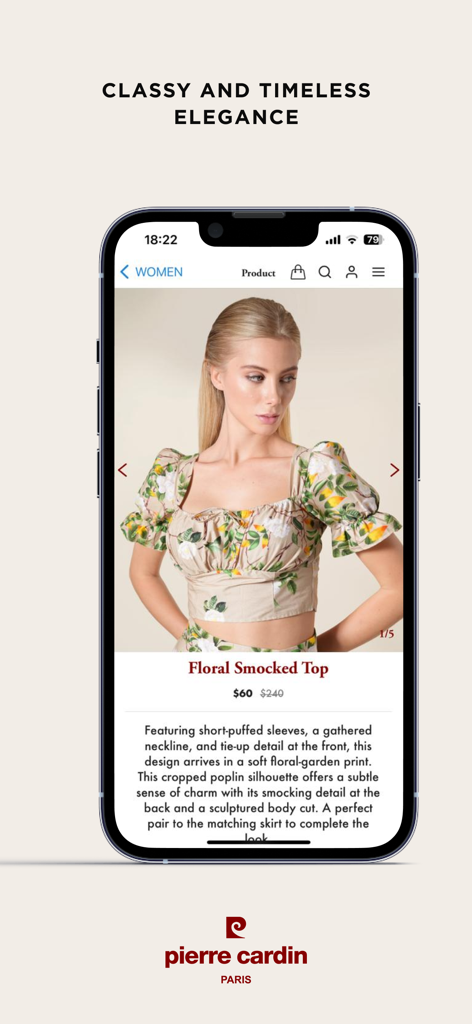 Pierre Cardin Paris - Mobile app interface for Pierre Cardin Paris featuring a floral smocked top