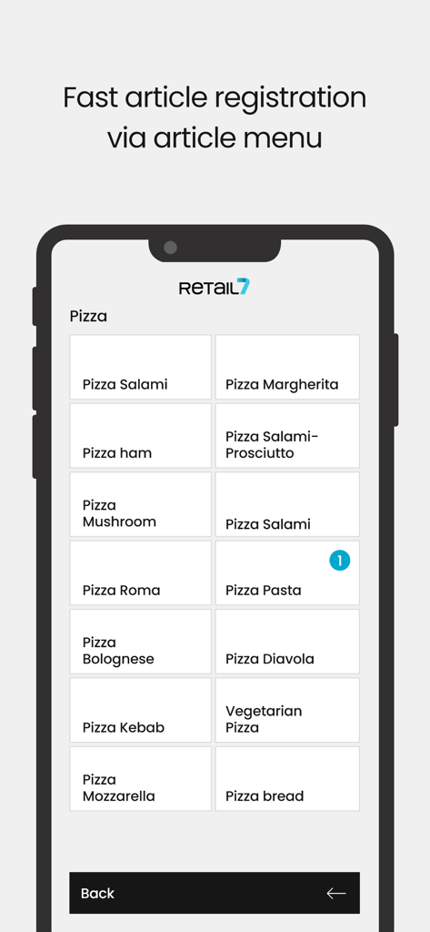 RETAIL7 POS system - RETAIL7 POS system mobile interface showing a pizza selection menu for fast article registration