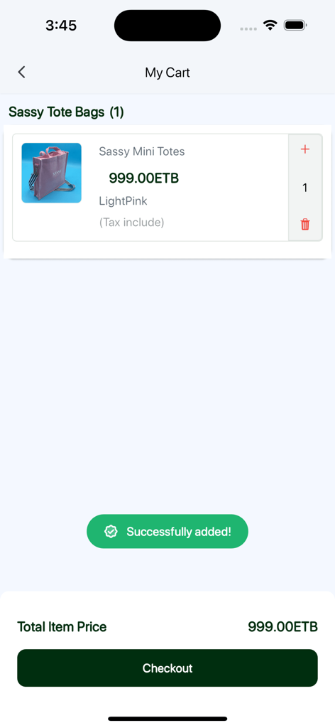 Gojo Shop - Pantalla del carrito de compras de la aplicación Gojo Shop que muestra un bolso tote rosa y un botón de pago con el precio en ETB