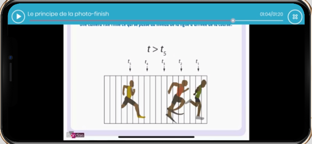 Lección en vídeo educativo en la aplicación Biblio-Manuels que muestra un diagrama de física