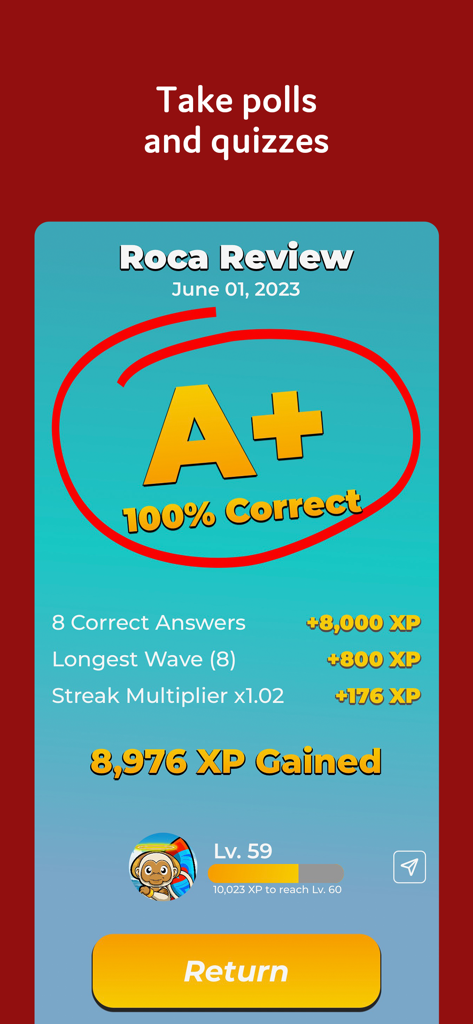 RocaNews app screen displaying a perfect score on a news quiz with XP rewards and user level