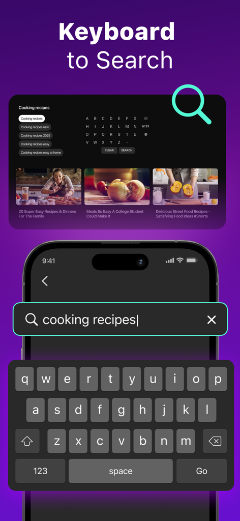 iPhone keyboard being used to search for cooking recipes on a TV screen via the remote app