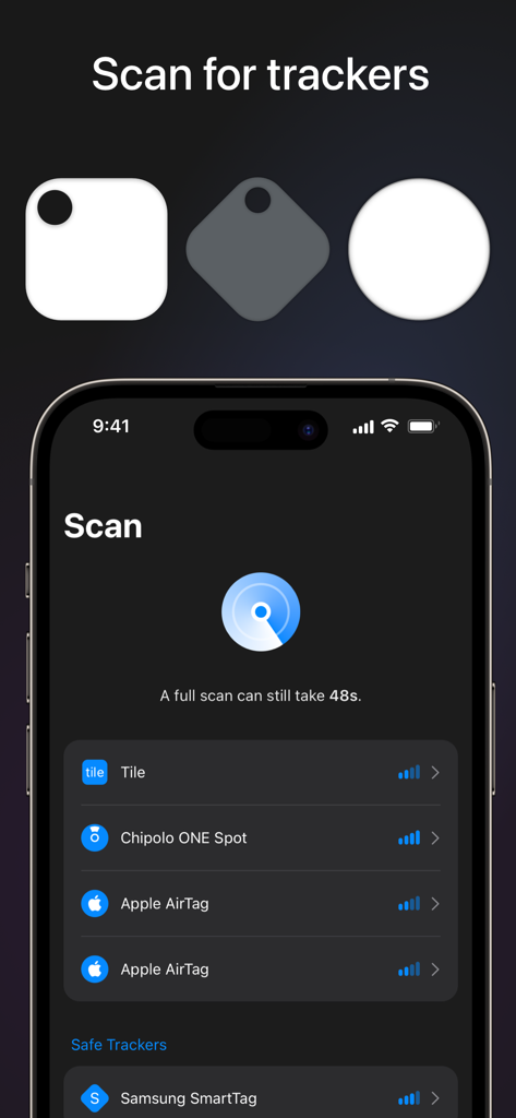 AirGuard - Tracking Protection - AirGuard app screen showing a list of detected trackers like Tile and Apple AirTags on an iPhone