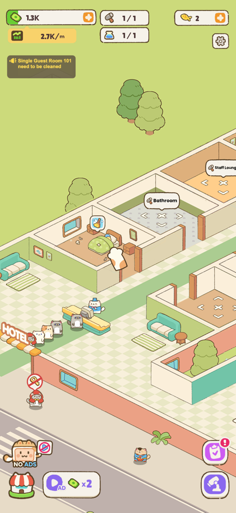 Gameplay screenshot of My Purrfect Cat Hotel showing an isometric view of the hotel lobby and cat guest rooms