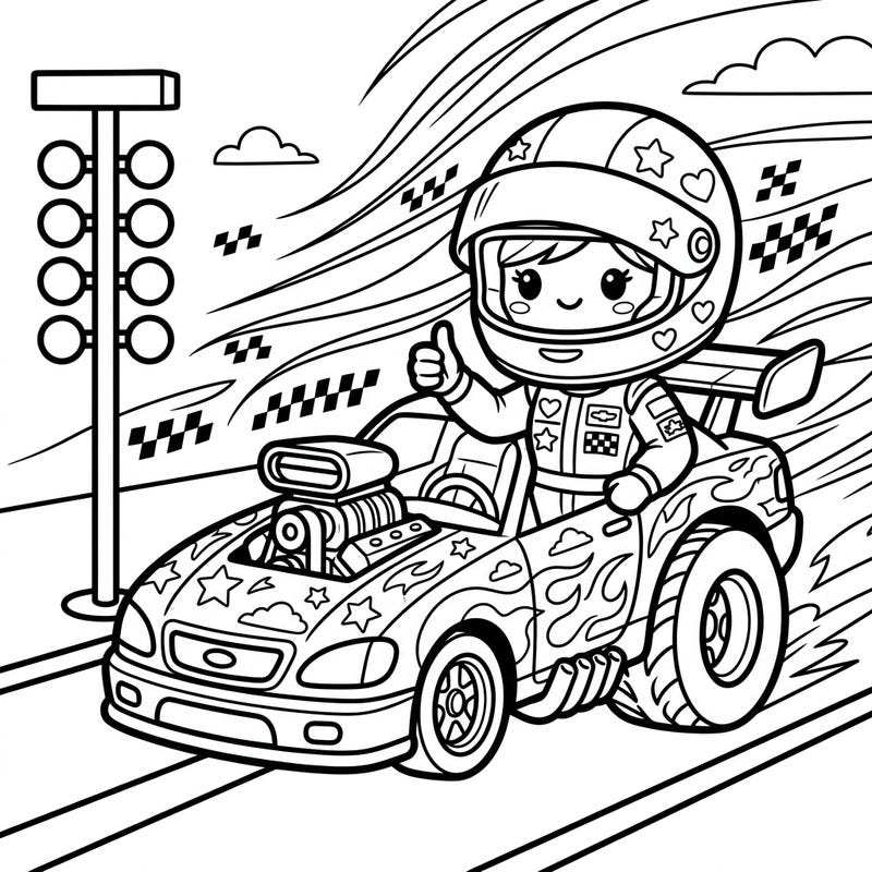 Get ready for an adorable high-speed adventure with this Kawaii Drag Racer coloring page! Perfect for fans of cute cars and thrilling races, this design combines the excitement of drag racing with charming Kawaii style.