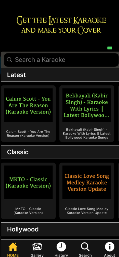 Home screen of the Karaoke Music app showing song categories like Latest and Classic with a search bar.