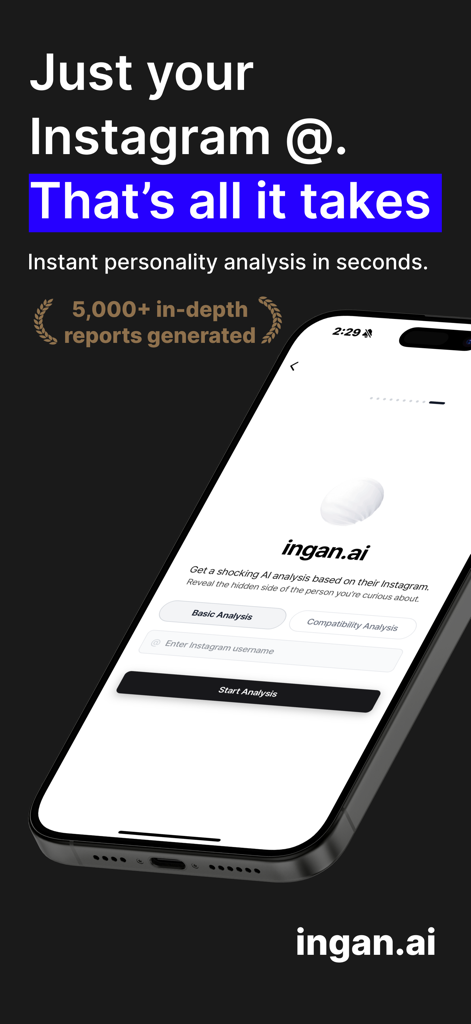 ingan.ai : AI psychologist - Mobile app interface of ingan.ai showing an input field for an Instagram username to receive an instant AI personality analysis