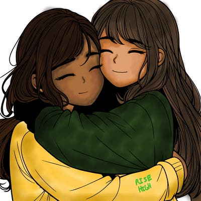 realistic two girls hugging