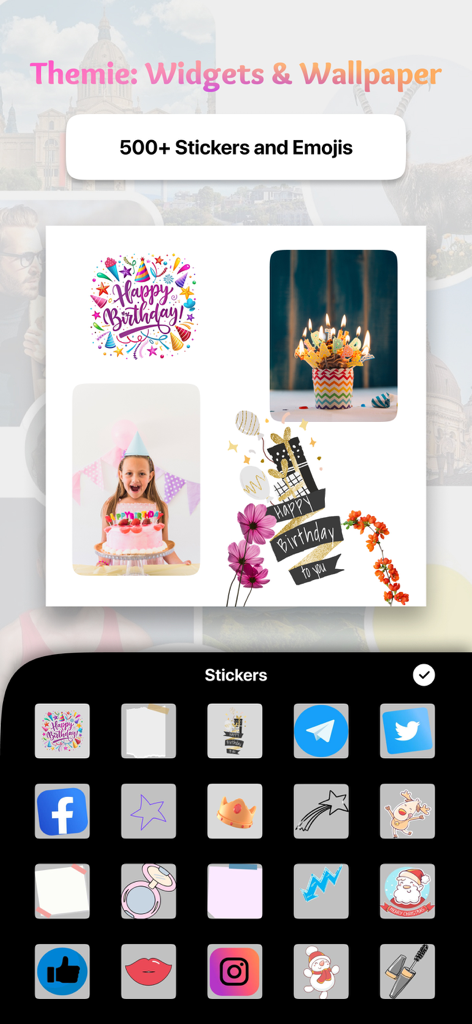 Themie: Widgets & Wallpaper - Themieアプリのインターフェース。写真コラージュ用の誕生日ステッカーと絵文字を表示しています。