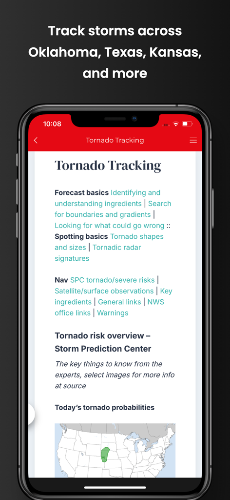 Pantalla de la aplicación móvil que muestra datos de seguimiento de tornados y un mapa de riesgo meteorológico del centro de los Estados Unidos