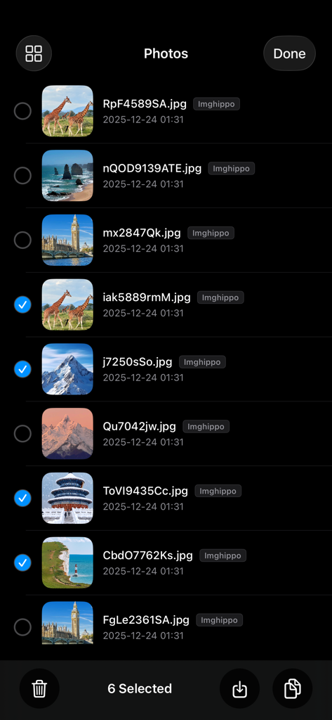PicLink-Best image Hosting App - PicLink app screen showing a list of uploaded photos with multiple items selected