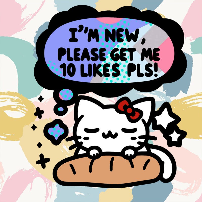 kitty taking a nap dream talking and saying "i'm new, please get me at least 10 likes pls!!"