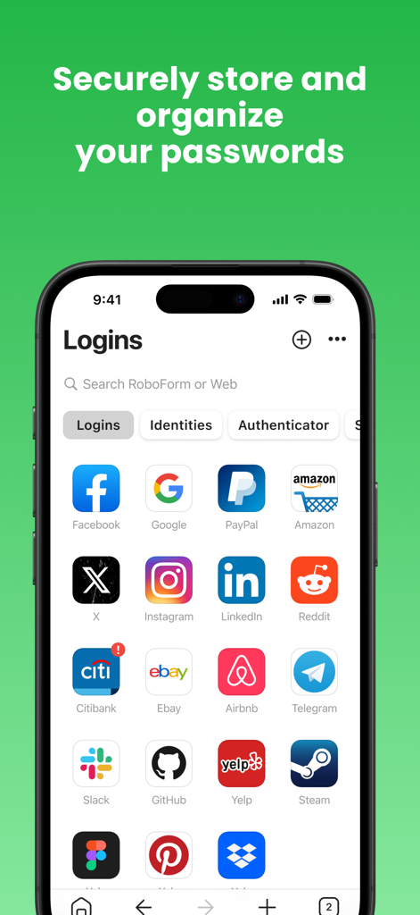 RoboForm Password Manager - Interface do aplicativo Gerenciador de Senhas RoboForm mostrando um cofre seguro com ícones de login organizados para mídias sociais e serviços financeiros.