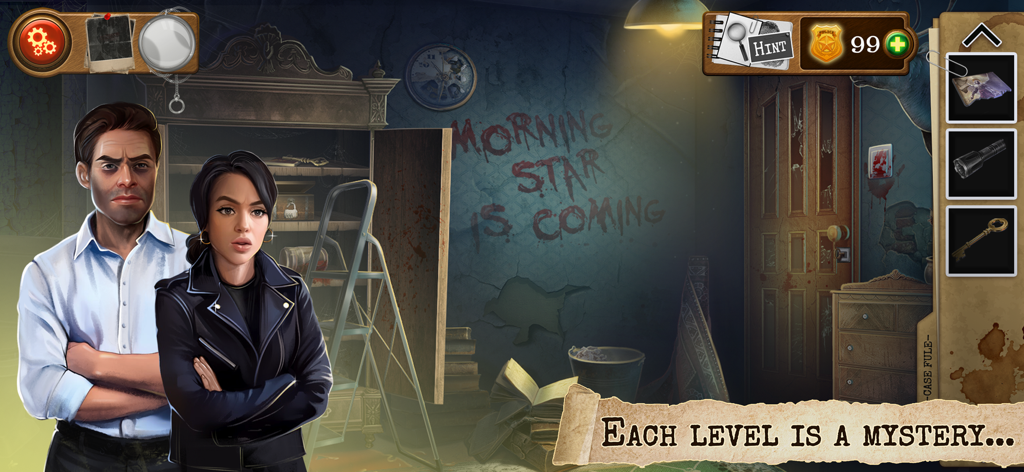 Detective: Escape Room Horror - Detective Andrew and his assistant Susan standing in a dark crime scene room with a cryptic message on the wall