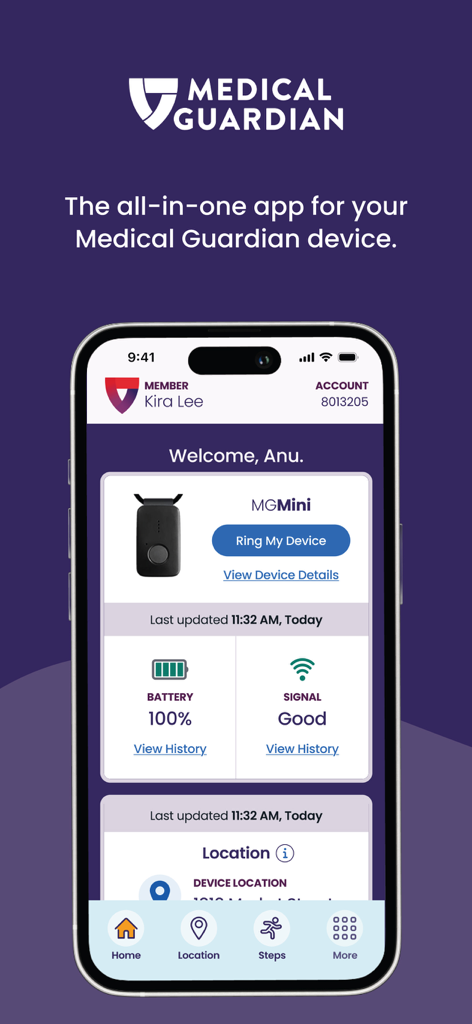 Mobile dashboard of the MyMedicalGuardian app showing device battery status signal strength and location monitoring
