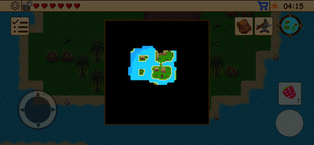 Survival RPG 1: Lost Treasure - Sobreposição de mapa múndi em pixel art mostrando uma ilha no Survival RPG 1 Tesouro Perdido