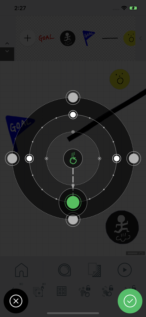 Springin' - A circular visual programming dial interface in the Springin app used for creating game logic with hand drawn elements