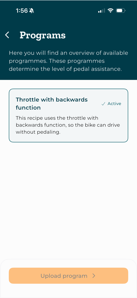 Schermata dell'app E-Bike Van Raam che mostra i programmi di assistenza alla pedalata e le impostazioni dell'acceleratore.
