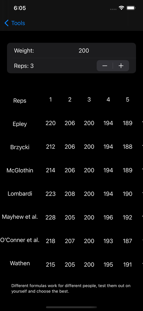 Weightlifting Toolkit - One rep max calculator in the Weightlifting Toolkit app showing different strength estimation formulas like Epley and Brzycki