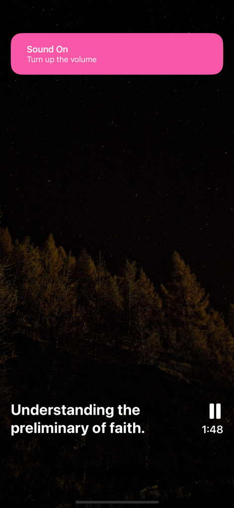 Daily Bible Verse & Motivation - Audio devotional player with a calm nighttime forest background.