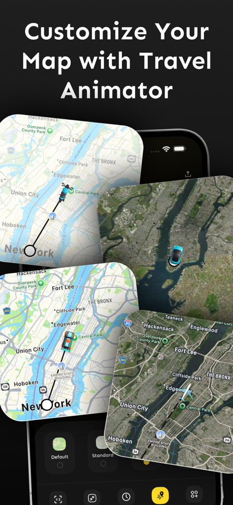 Travel Animator 3D Video-TripQ - Mobile app interface showing various 3D map customization options for travel video animations