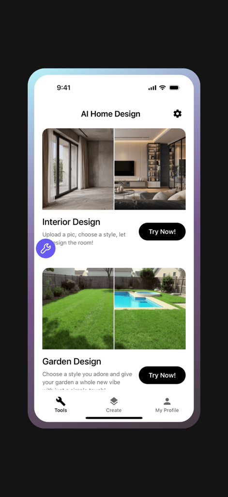 Mobile app interface for AI Home Design created with OnSpace AI app builder