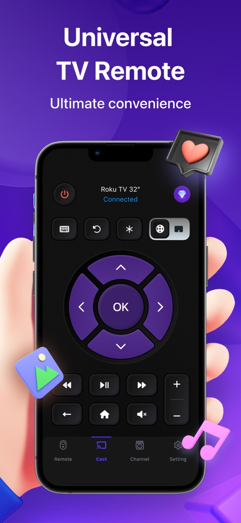 TV Remote for TV Universal - Pantalla de un smartphone mostrando la interfaz de la aplicación Universal TV Remote con botones digitales para controlar un televisor Roku