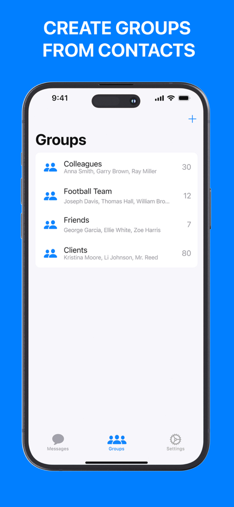 Group Text - Mass SMS Message - Screen of a mass texting app showing organized contact groups for personalized messaging