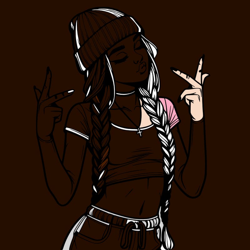 realistic teenage girl with braids and a beanie and crop top doing 🫶🏼