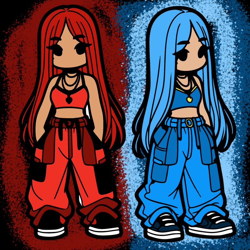 girl in baggy pants crop top and long hair