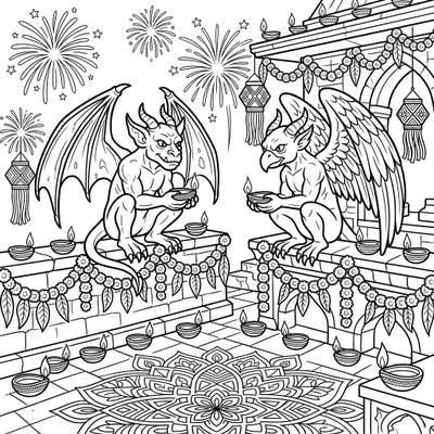 Unleash your creativity with this extraordinary coloring page combining majestic winged gargoyles with the vibrant festivities of Diwali. Immerse yourself in a scene rich with traditional lamps, intricate rangoli, and dazzling fireworks, waiting for your artistic touch.