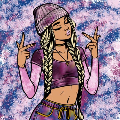 realistic teenage girl with braids and a beanie and crop top doing 🫶🏼