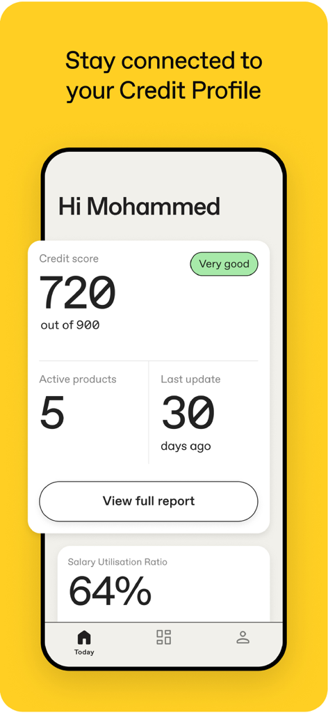 Etihad Credit Bureau app dashboard showing a credit score of 720 and a very good status.