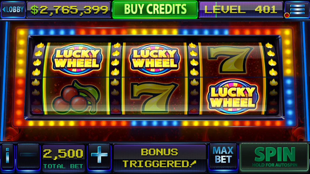 A gameplay screenshot of VEGAS Slots Casino showing a classic three reel slot machine with a bonus triggered message
